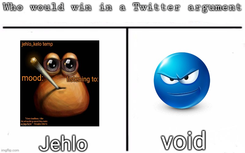 Jehlo can't vote himself if you're wondering | void; Jehlo | image tagged in pitting random mfs against each other,msmg,memes | made w/ Imgflip meme maker