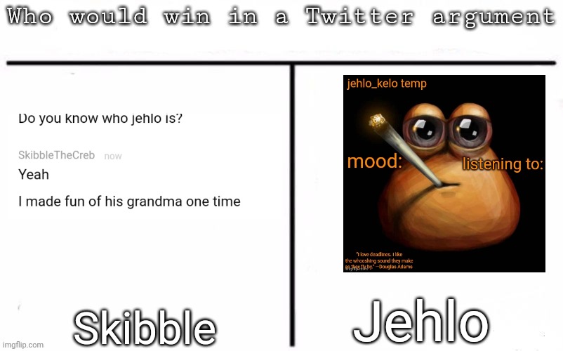 Pitting random mfs against each other | Jehlo; Skibble | image tagged in pitting random mfs against each other | made w/ Imgflip meme maker