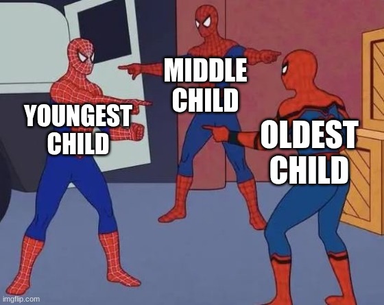 3 Spiderman Pointing | MIDDLE CHILD; YOUNGEST CHILD; OLDEST CHILD | image tagged in 3 spiderman pointing | made w/ Imgflip meme maker