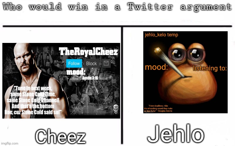 Pitting random mfs against each other | Jehlo; Cheez | image tagged in pitting random mfs against each other | made w/ Imgflip meme maker
