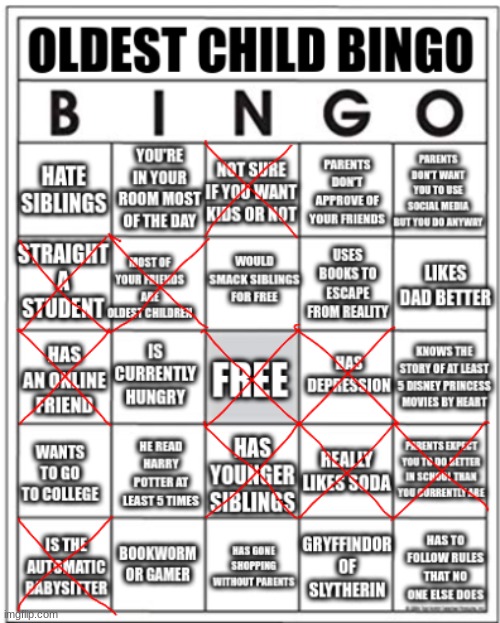 oldest child BINGO | image tagged in bingo | made w/ Imgflip meme maker