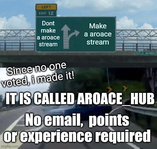 You can post from now! | Dont make a aroace stream; Make a aroace stream; Since no one voted, i made it! IT IS CALLED AROACE_HUB; No email,  points or experience required | image tagged in memes,left exit 12 off ramp | made w/ Imgflip meme maker