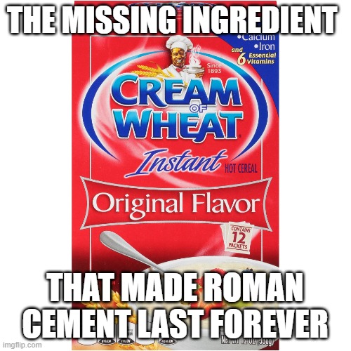 When this stuff dries, it's like granite | THE MISSING INGREDIENT; THAT MADE ROMAN CEMENT LAST FOREVER | image tagged in cream of wheat cereal | made w/ Imgflip meme maker