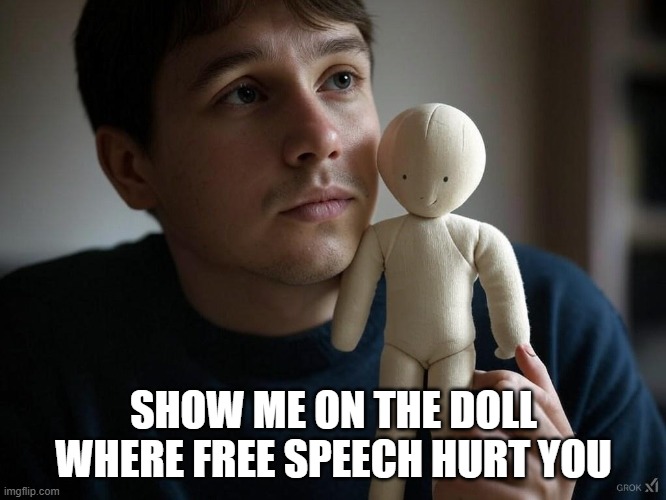 Show me on the doll where free speech hurt you | SHOW ME ON THE DOLL WHERE FREE SPEECH HURT YOU | image tagged in free speech,facebook | made w/ Imgflip meme maker