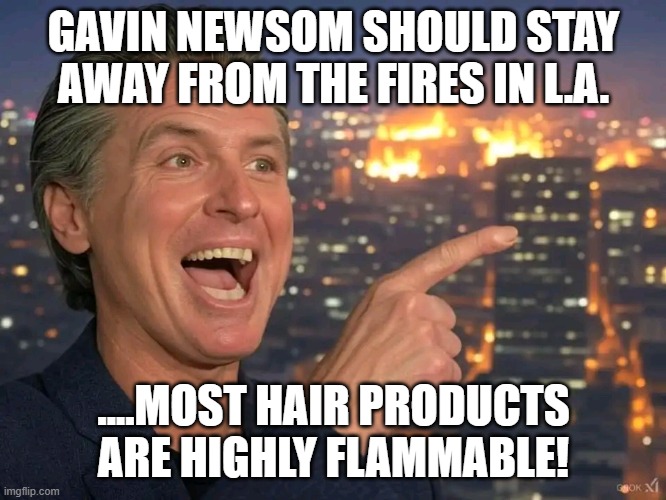 Gavin Newsome California Fire | GAVIN NEWSOM SHOULD STAY AWAY FROM THE FIRES IN L.A. ....MOST HAIR PRODUCTS ARE HIGHLY FLAMMABLE! | image tagged in gavin newsome california fire | made w/ Imgflip meme maker