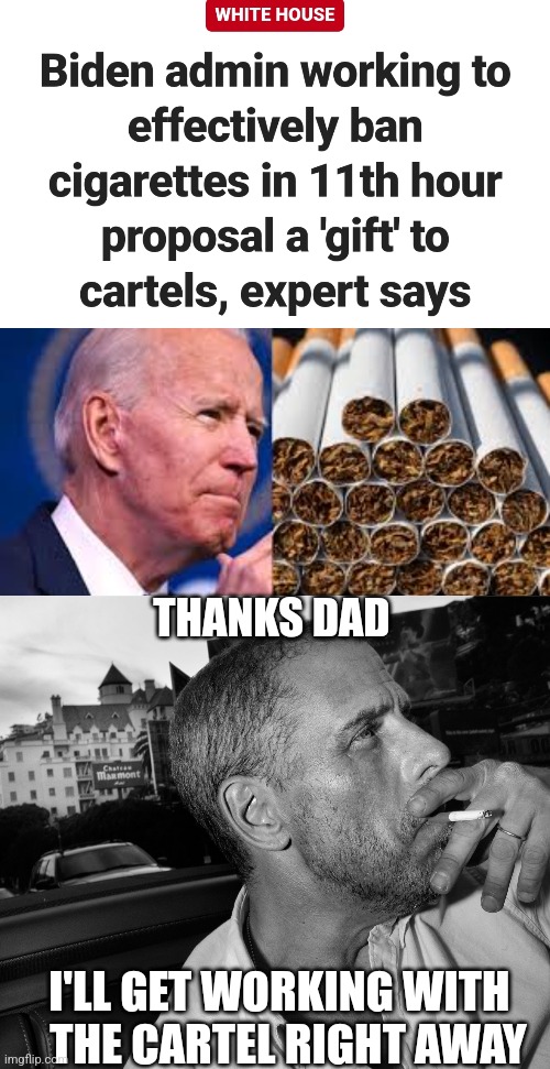 TEN PERCENT FOR THE BIG GUY | THANKS DAD; I'LL GET WORKING WITH 
 THE CARTEL RIGHT AWAY | image tagged in memes,joe biden,hunter biden,cigarettes,politics | made w/ Imgflip meme maker