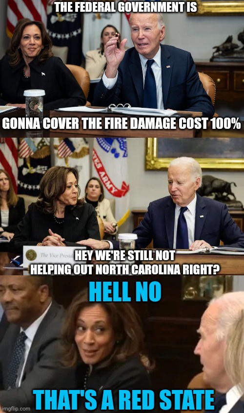 THEY ONLY CARE ABOUT THEIR OWN VOTERS | THE FEDERAL GOVERNMENT IS; GONNA COVER THE FIRE DAMAGE COST 100%; HEY WE'RE STILL NOT HELPING OUT NORTH CAROLINA RIGHT? HELL NO; THAT'S A RED STATE | image tagged in joe biden,kamala harris,california fires,politics | made w/ Imgflip meme maker