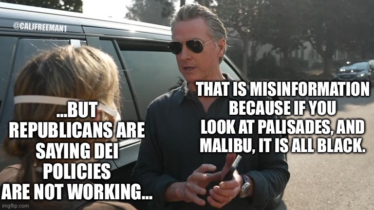 @CALJFREEMAN1; …BUT REPUBLICANS ARE SAYING DEI POLICIES ARE NOT WORKING…; THAT IS MISINFORMATION BECAUSE IF YOU LOOK AT PALISADES, AND MALIBU, IT IS ALL BLACK. | image tagged in maga,california fires,california,democrats,stupid liberals,president trump | made w/ Imgflip meme maker