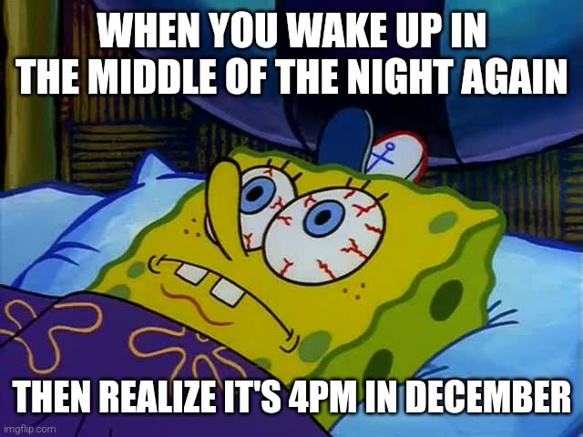 WHEN YOU WAKE UP IN THE MIDDLE OF THE NIGHT AGAIN; THEN REALIZE IT'S 4PM IN DECEMBER | image tagged in insomnia,winter | made w/ Imgflip meme maker