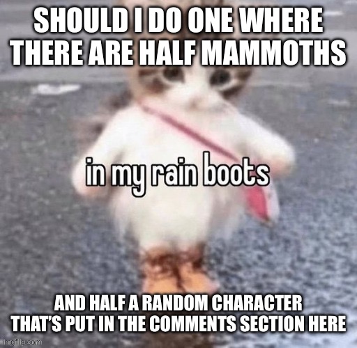 Rain boots | SHOULD I DO ONE WHERE THERE ARE HALF MAMMOTHS; AND HALF A RANDOM CHARACTER THAT’S PUT IN THE COMMENTS SECTION HERE | image tagged in rain boots | made w/ Imgflip meme maker