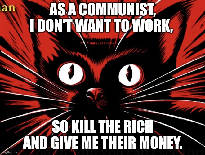 Sabo tabby | AS A COMMUNIST, I DON'T WANT TO WORK, SO KILL THE RICH AND GIVE ME THEIR MONEY. | image tagged in sabo tabby | made w/ Imgflip meme maker