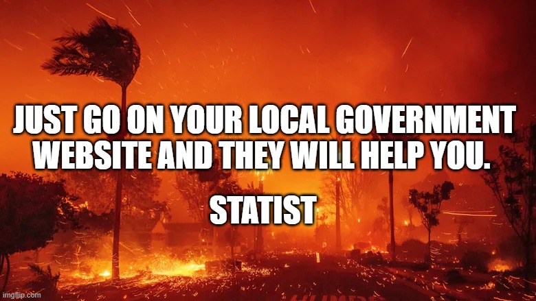 California Wildfires, 2025 | JUST GO ON YOUR LOCAL GOVERNMENT WEBSITE AND THEY WILL HELP YOU. STATIST | image tagged in california wildfires 2025 | made w/ Imgflip meme maker