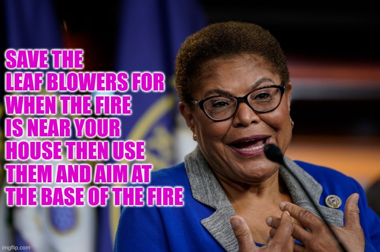 Karen Bass | SAVE THE LEAF BLOWERS FOR WHEN THE FIRE IS NEAR YOUR HOUSE THEN USE THEM AND AIM AT THE BASE OF THE FIRE | image tagged in karen bass | made w/ Imgflip meme maker