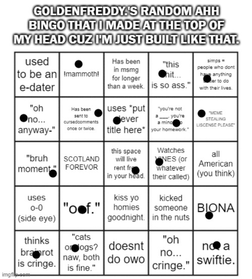 GoldenFreddy.'s weird ass bingo | image tagged in goldenfreddy 's weird ass bingo | made w/ Imgflip meme maker