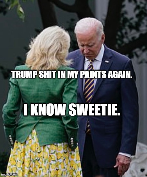 Jill Biden makes Joe Biden sad | TRUMP SHIT IN MY PAINTS AGAIN. I KNOW SWEETIE. | image tagged in jill biden makes joe biden sad | made w/ Imgflip meme maker