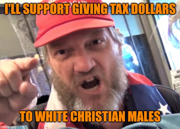 Angry Trumper MAGA White Supremacist | I'LL SUPPORT GIVING TAX DOLLARS TO WHITE CHRISTIAN MALES | image tagged in angry trumper maga white supremacist | made w/ Imgflip meme maker