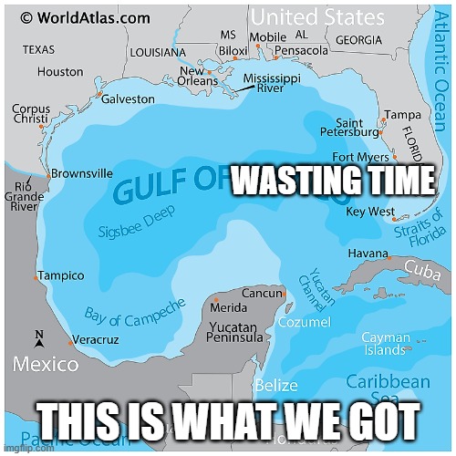 Gulf of Mexico, Florida, Texas | WASTING TIME; THIS IS WHAT WE GOT | image tagged in gulf of mexico florida texas | made w/ Imgflip meme maker