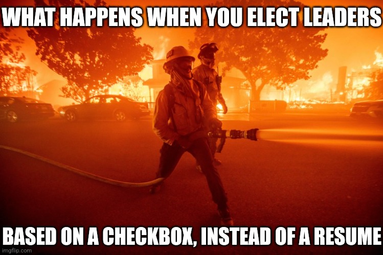 California, start voting for people based on intelligence, skills, and a resume! Instead of a stupid SJW checkbox! | WHAT HAPPENS WHEN YOU ELECT LEADERS; BASED ON A CHECKBOX, INSTEAD OF A RESUME | image tagged in california fires,stupid people,election,liberal logic,good idea/bad idea,hypocritical | made w/ Imgflip meme maker