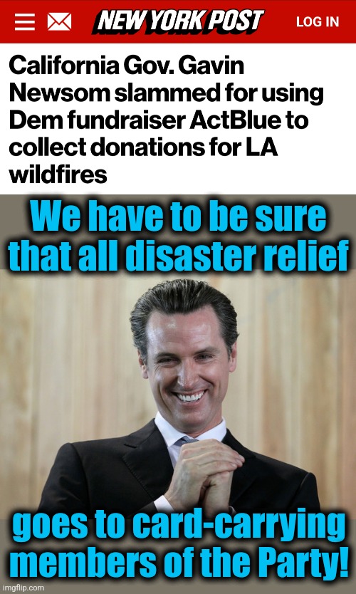 Disaster relief only goes to the Party faithful, again... | We have to be sure that all disaster relief; goes to card-carrying members of the Party! | image tagged in scheming gavin newsom,memes,actblue,wildfires,disaster relief,democrats | made w/ Imgflip meme maker