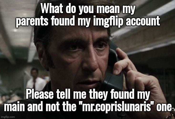 What do you mean my parents found my imgflip account; Please tell me they found my main and not the "mr.coprislunaris" one | image tagged in al pacino concerned on phone | made w/ Imgflip meme maker