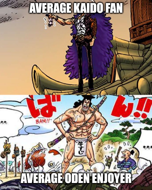 Average Kaido fan vs Average Oden enjoyer | AVERAGE KAIDO FAN; AVERAGE ODEN ENJOYER | image tagged in average fan vs average enjoyer,one piece,kozuki oden,kaido,manga,memes | made w/ Imgflip meme maker