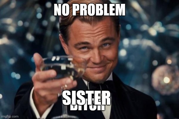 Leonardo Dicaprio Cheers Meme | NO PROBLEM; BITCH; SISTER | image tagged in memes,leonardo dicaprio cheers | made w/ Imgflip meme maker