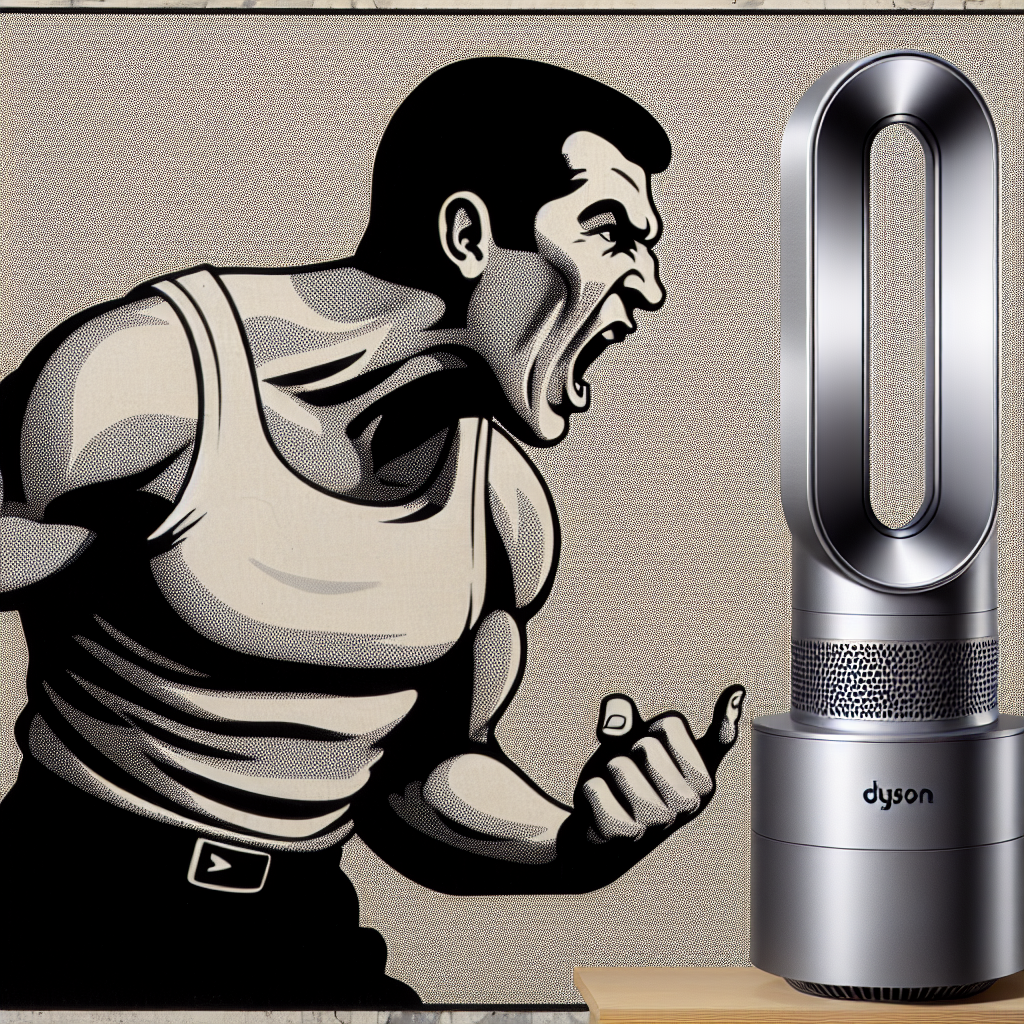 A dude pointing and screaming at a Dyson Air Purifier Blank Meme Template