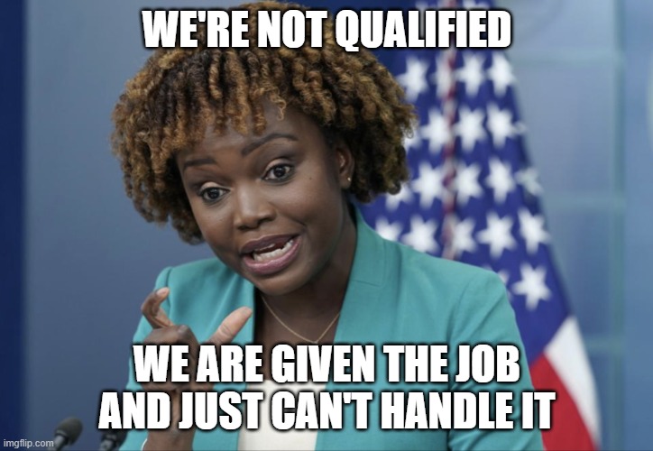 Press Secretary Karine Jean-Pierre | WE'RE NOT QUALIFIED WE ARE GIVEN THE JOB AND JUST CAN'T HANDLE IT | image tagged in press secretary karine jean-pierre | made w/ Imgflip meme maker