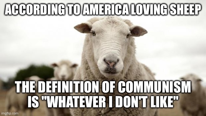 Communism is when I don't likey | ACCORDING TO AMERICA LOVING SHEEP; THE DEFINITION OF COMMUNISM IS "WHATEVER I DON'T LIKE" | image tagged in sheep | made w/ Imgflip meme maker