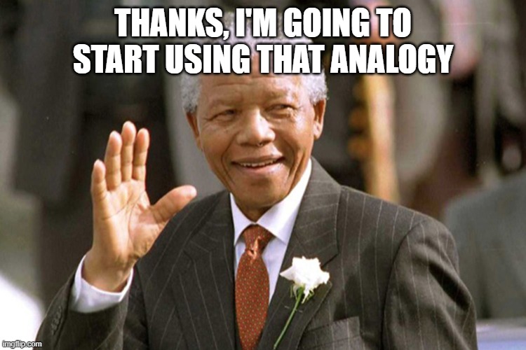 Nelson Mandela | THANKS, I'M GOING TO START USING THAT ANALOGY | image tagged in nelson mandela | made w/ Imgflip meme maker