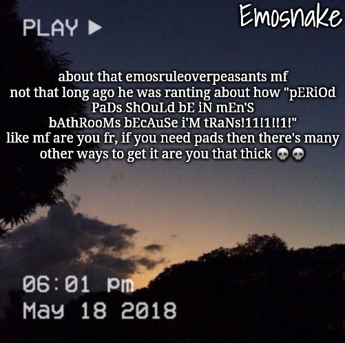 Emosnake's dreamy temp | about that emosruleoverpeasants mf

not that long ago he was ranting about how "pERiOd PaDs ShOuLd bE iN mEn'S bAthRooMs bEcAuSe i'M tRaNs!11!1!!1!"

like mf are you fr, if you need pads then there's many other ways to get it are you that thick 💀💀 | image tagged in emosnake's dreamy temp | made w/ Imgflip meme maker