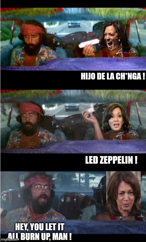 Cheech And Chong Zeppelin  | HIJO DE LA CH*NGA ! LED ZEPPELIN ! HEY, YOU LET IT ALL BURN UP, MAN ! | image tagged in cheech and chong zeppelin | made w/ Imgflip meme maker