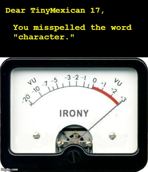 Irony Meter | Dear TinyMexican 17, You misspelled the word
"character." | image tagged in irony meter | made w/ Imgflip meme maker