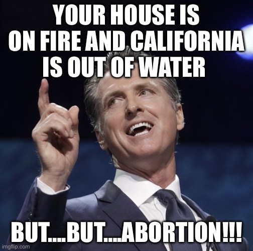 Abortions Fire | YOUR HOUSE IS ON FIRE AND CALIFORNIA IS OUT OF WATER; BUT….BUT….ABORTION!!! | image tagged in gavin newsom,california fires,california,abortion,politics,political meme | made w/ Imgflip meme maker