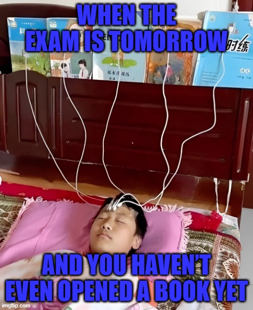 exam | WHEN THE EXAM IS TOMORROW; AND YOU HAVEN’T EVEN OPENED A BOOK YET | image tagged in exams,memes,funny,school,funny memes,front page plz | made w/ Imgflip meme maker