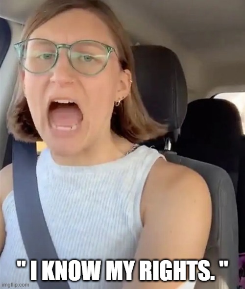 Unhinged Liberal Lunatic Idiot Woman Meltdown Screaming in Car | " I KNOW MY RIGHTS. " | image tagged in unhinged liberal lunatic idiot woman meltdown screaming in car | made w/ Imgflip meme maker