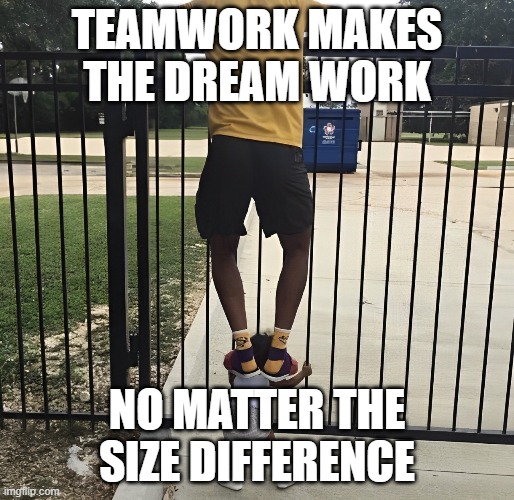 Teamwork | TEAMWORK MAKES THE DREAM WORK; NO MATTER THE SIZE DIFFERENCE | image tagged in memes | made w/ Imgflip meme maker