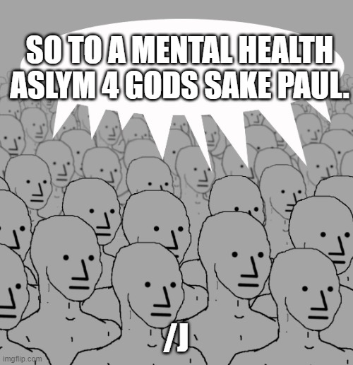 npc-crowd | SO TO A MENTAL HEALTH ASLYM 4 GODS SAKE PAUL. /J | image tagged in npc-crowd | made w/ Imgflip meme maker