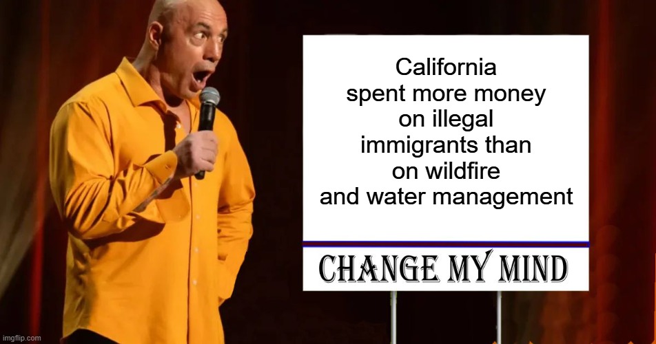 What do you think got more money | California spent more money on illegal immigrants than on wildfire and water management | image tagged in change my mind - joe rogan,california wildfires | made w/ Imgflip meme maker