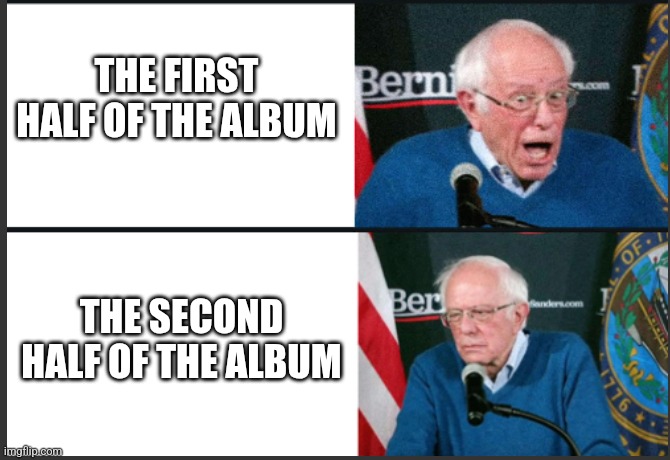 Bernie react good bad | THE FIRST HALF OF THE ALBUM; THE SECOND HALF OF THE ALBUM | image tagged in bernie react good bad | made w/ Imgflip meme maker