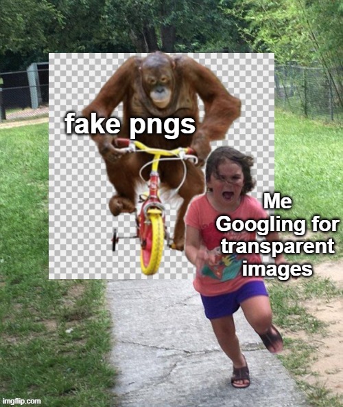 Fake transparent pngs can be so annoying... | fake pngs; Me Googling for transparent images | image tagged in memes,png image,transparent,orangutan chasing girl on a tricycle | made w/ Imgflip meme maker