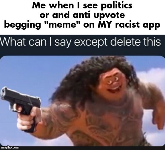 What can I say except delete this | Me when I see politics or and anti upvote begging "meme" on MY racist app | image tagged in what can i say except delete this | made w/ Imgflip meme maker