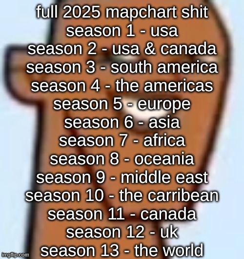 justin | full 2025 mapchart shit
season 1 - usa
season 2 - usa & canada
season 3 - south america
season 4 - the americas
season 5 - europe
season 6 - asia
season 7 - africa
season 8 - oceania
season 9 - middle east
season 10 - the carribean
season 11 - canada
season 12 - uk
season 13 - the world | image tagged in justin | made w/ Imgflip meme maker