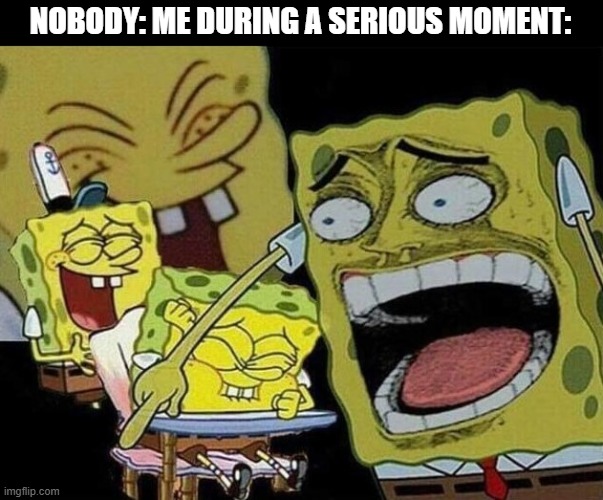 Spongebob laughing Hysterically | NOBODY: ME DURING A SERIOUS MOMENT: | image tagged in spongebob laughing hysterically,memes | made w/ Imgflip meme maker