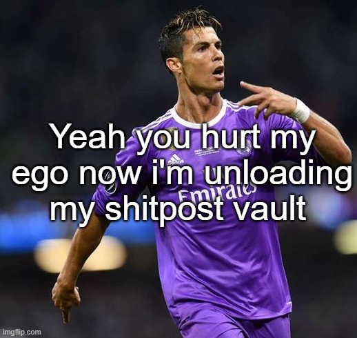 Not that I care that much but now I need to assert domnicnce and show you all who the REAL ALPHA is also falling off means nothi | Yeah you hurt my ego now i'm unloading my shitpost vault | image tagged in ronaldo | made w/ Imgflip meme maker