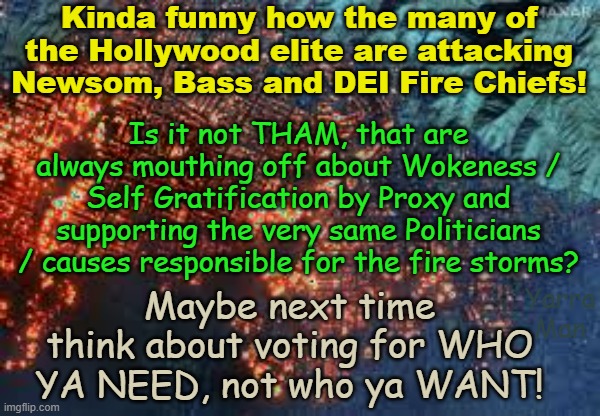 The Hollywood elite are attacking Newsom n Co  and yet THEY as much as MSNBC, CNN and ABC, put them there! | Kinda funny how the many of the Hollywood elite are attacking Newsom, Bass and DEI Fire Chiefs! Is it not THAM, that are always mouthing off about Wokeness / Self Gratification by Proxy and supporting the very same Politicians / causes responsible for the fire storms? Maybe next time think about voting for WHO YA NEED, not who ya WANT! Yarra Man | image tagged in self gratification by proxy,woke,dei,democrats,los angeles firestorm,california | made w/ Imgflip meme maker
