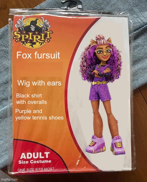 Spirit Halloween | Fox fursuit; Wig with ears; Black shirt with overalls; Purple and yellow tennis shoes | image tagged in spirit halloween,memes,halloween,monster high,october,furry | made w/ Imgflip meme maker