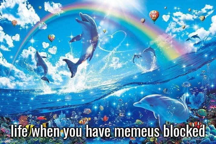 Happy dolphin rainbow | life when you have memeus blocked | image tagged in happy dolphin rainbow | made w/ Imgflip meme maker