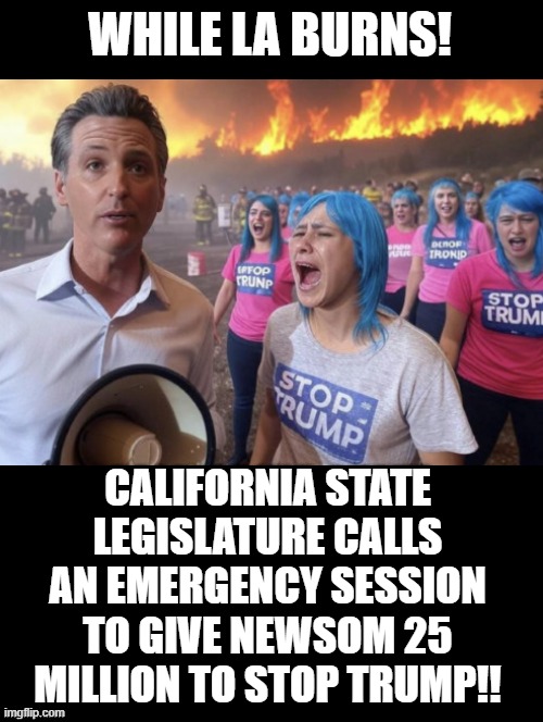 While LA Burns!!! | WHILE LA BURNS! CALIFORNIA STATE LEGISLATURE CALLS AN EMERGENCY SESSION TO GIVE NEWSOM 25 MILLION TO STOP TRUMP!! | image tagged in california fires,house on fire,sam elliott special kind of stupid | made w/ Imgflip meme maker