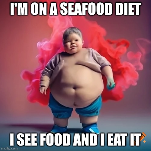 Seafood diet | I'M ON A SEAFOOD DIET; I SEE FOOD AND I EAT IT | image tagged in funny meme | made w/ Imgflip meme maker